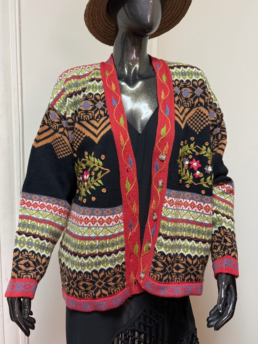Vintage Womens 100% Wool Cardigan Southwestern‎ Aztec Knit Sweater M Fair Isle
